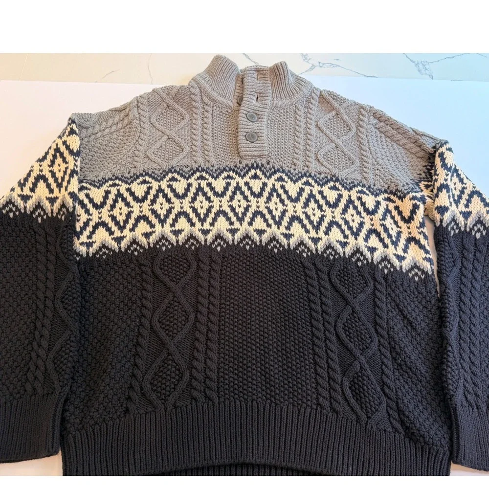 LL Bean Signature Mens Gray Fair Isle Cotton Fisherman Henley Sweater Large NWT
